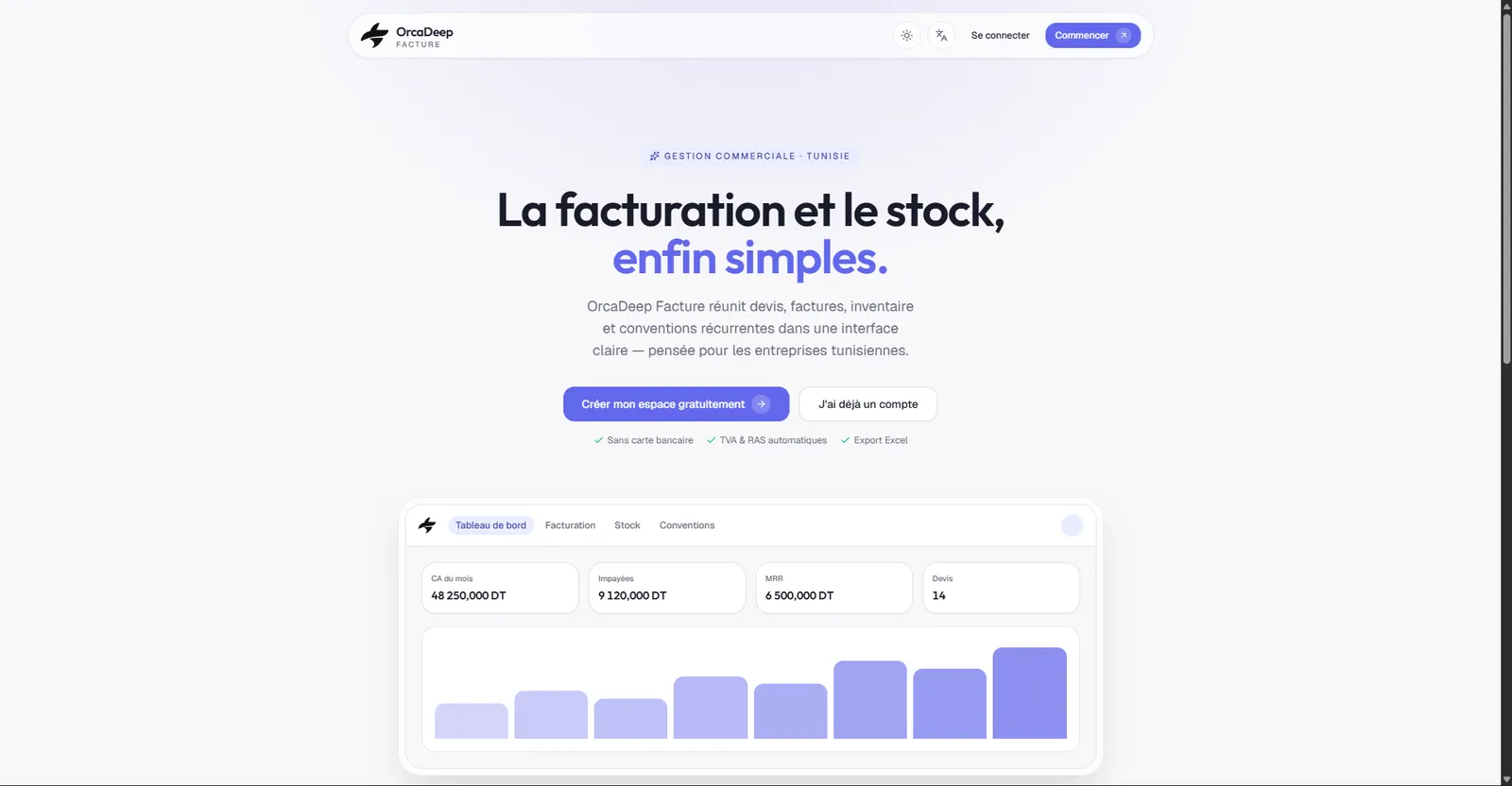 OrcaDeep Facture landing page: invoicing and inventory management for Tunisian businesses