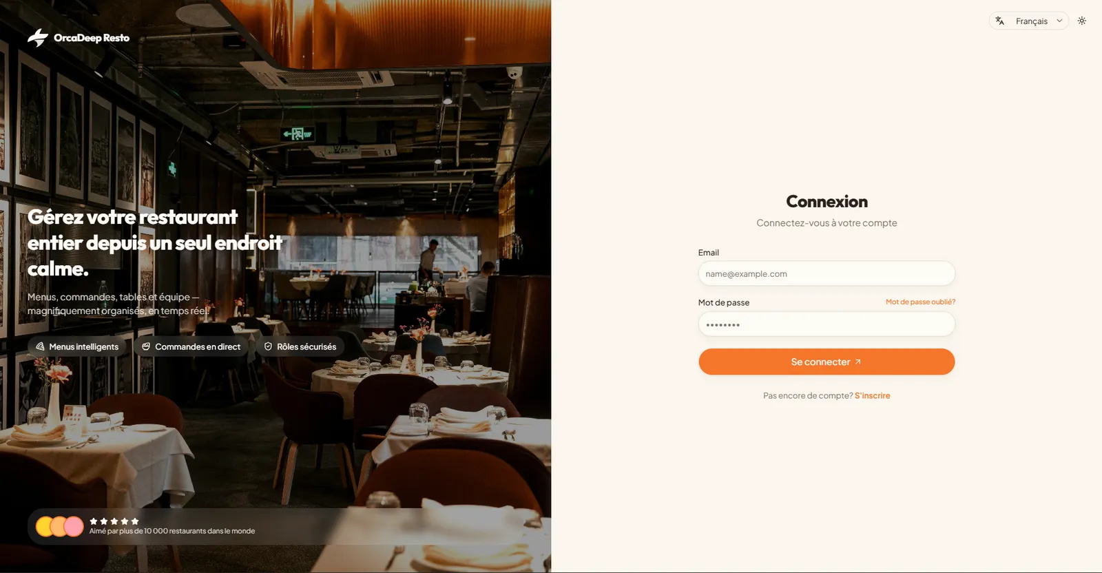 OrcaDeep Resto login screen with a photo of a warm modern restaurant dining room