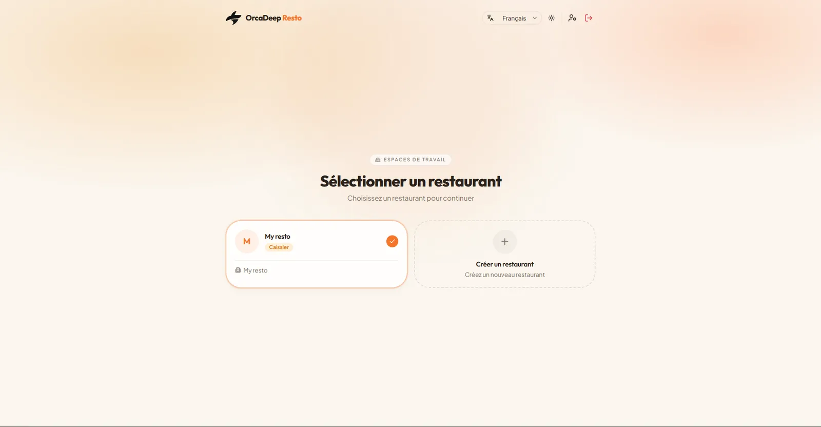 OrcaDeep Resto workspace selector for managing multiple restaurants from one account